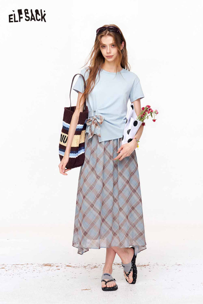 ELFSACK Ruched Top and Plaid Skirt Set