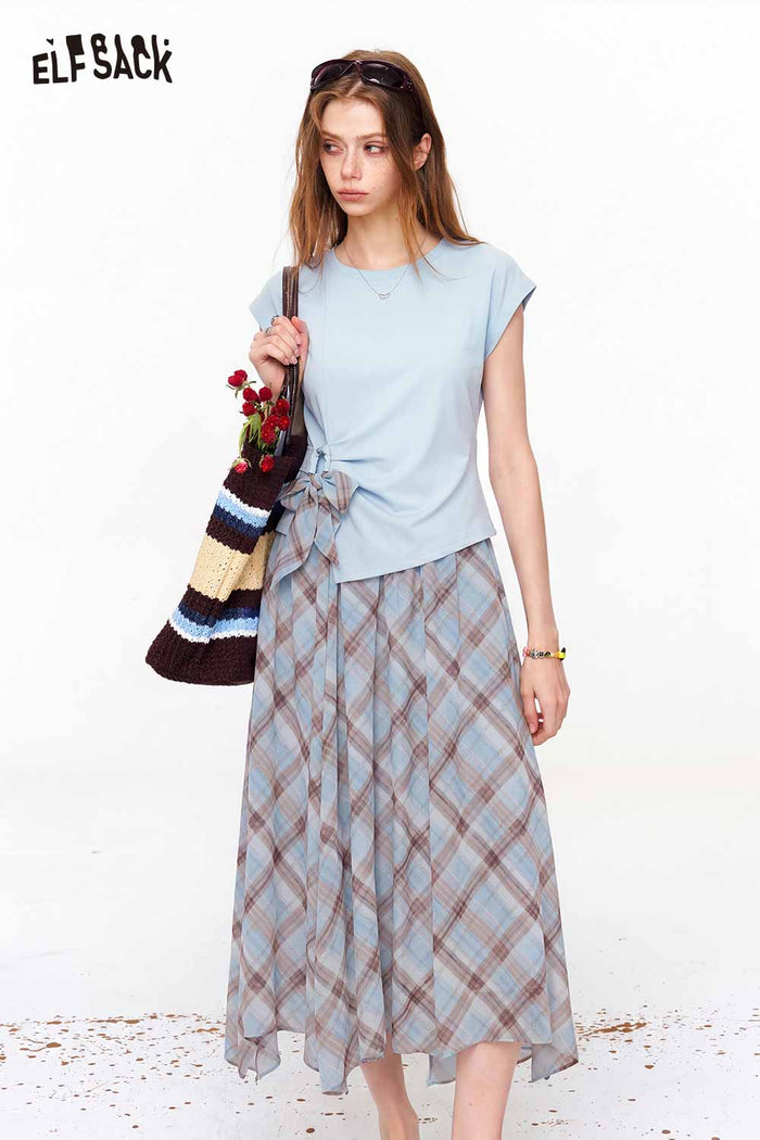 ELFSACK Ruched Top and Plaid Skirt Set
