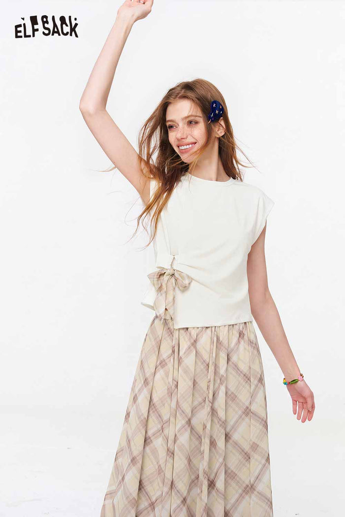 ELFSACK Ruched Top and Plaid Skirt Set
