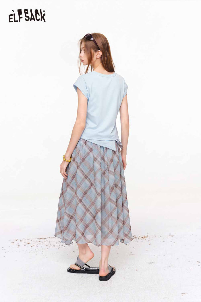 ELFSACK Ruched Top and Plaid Skirt Set