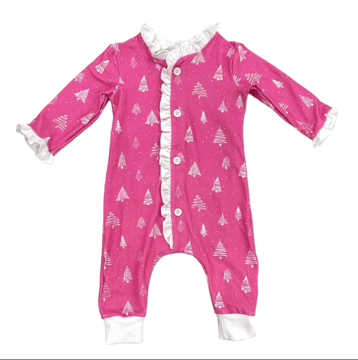 Ruffle Buttflap Pajamas - White Trees On Magenta Holiday Lounge - Sugar Bee Clothing