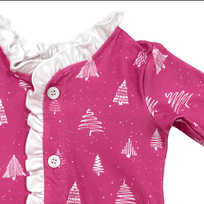 Ruffle Buttflap Pajamas - White Trees On Magenta Holiday Lounge - Sugar Bee Clothing
