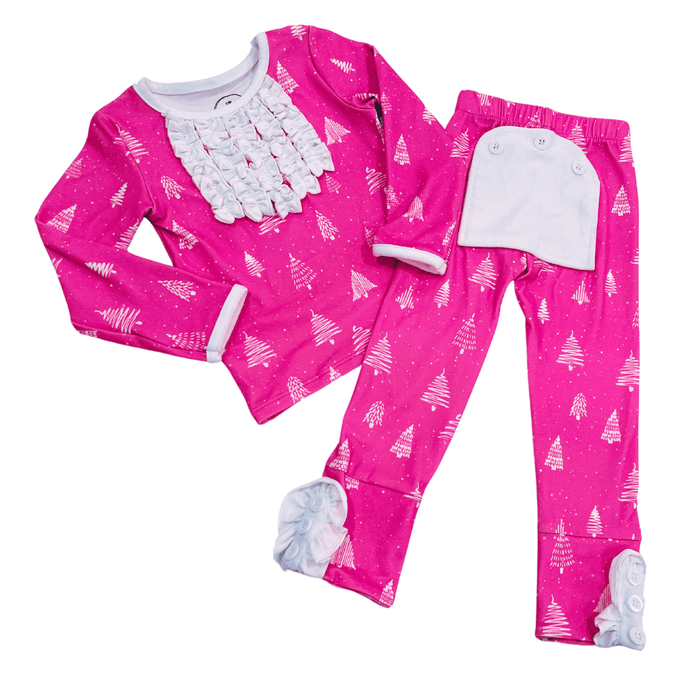 Ruffle Buttflap Pajamas - White Trees On Magenta Holiday Lounge - Sugar Bee Clothing