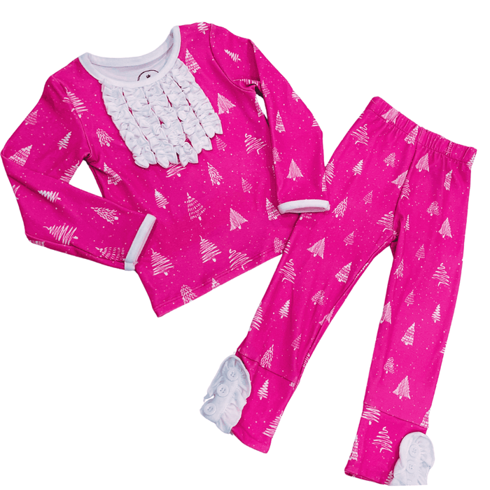 Ruffle Buttflap Pajamas - White Trees On Magenta Holiday Lounge - Sugar Bee Clothing