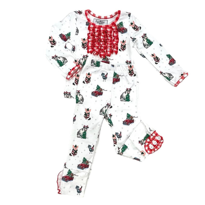 Ruffle Buttflap Pajamas - Christmas On The Farm Holiday Lounge - Sugar Bee Clothing