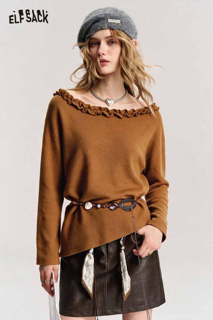 Ruffle Collar Batwing Sleeve Sweater with Detachable Beaded Belt
