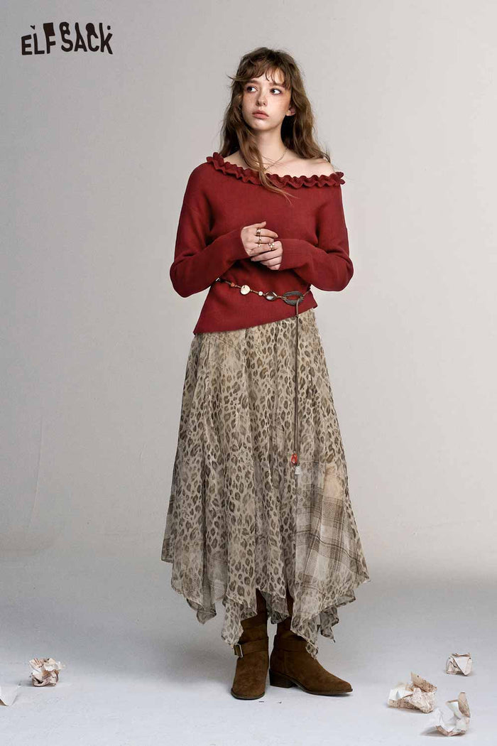 Ruffle Collar Batwing Sleeve Sweater with Detachable Beaded Belt