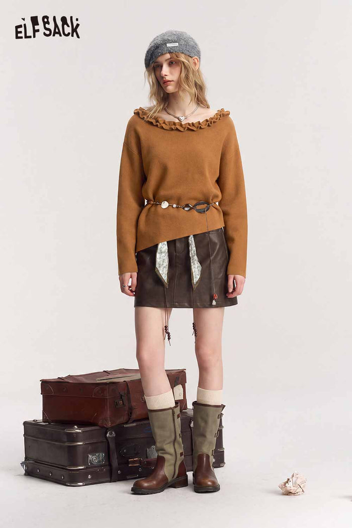 Ruffle Collar Batwing Sleeve Sweater with Detachable Beaded Belt