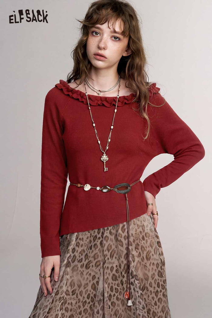 Ruffle Collar Batwing Sleeve Sweater with Detachable Beaded Belt