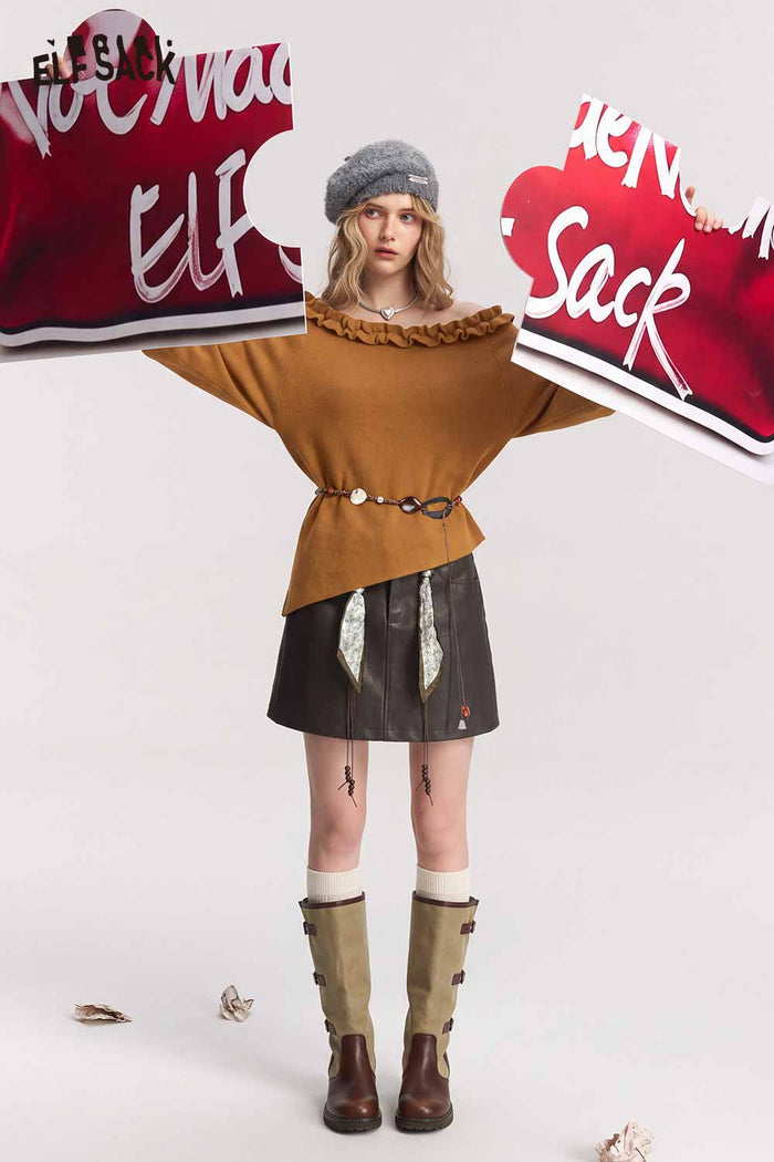 Ruffle Collar Batwing Sleeve Sweater with Detachable Beaded Belt