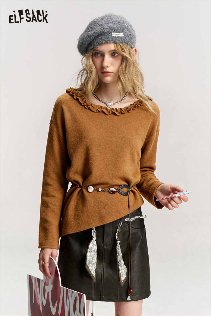 Ruffle Collar Batwing Sleeve Sweater with Detachable Beaded Belt