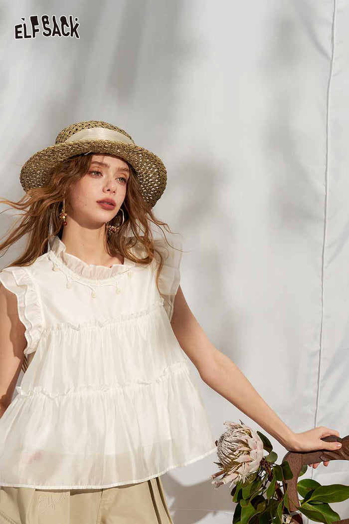 ELFSACK Ruffle Flutter Sleeve Tiered Chiffon Blouse