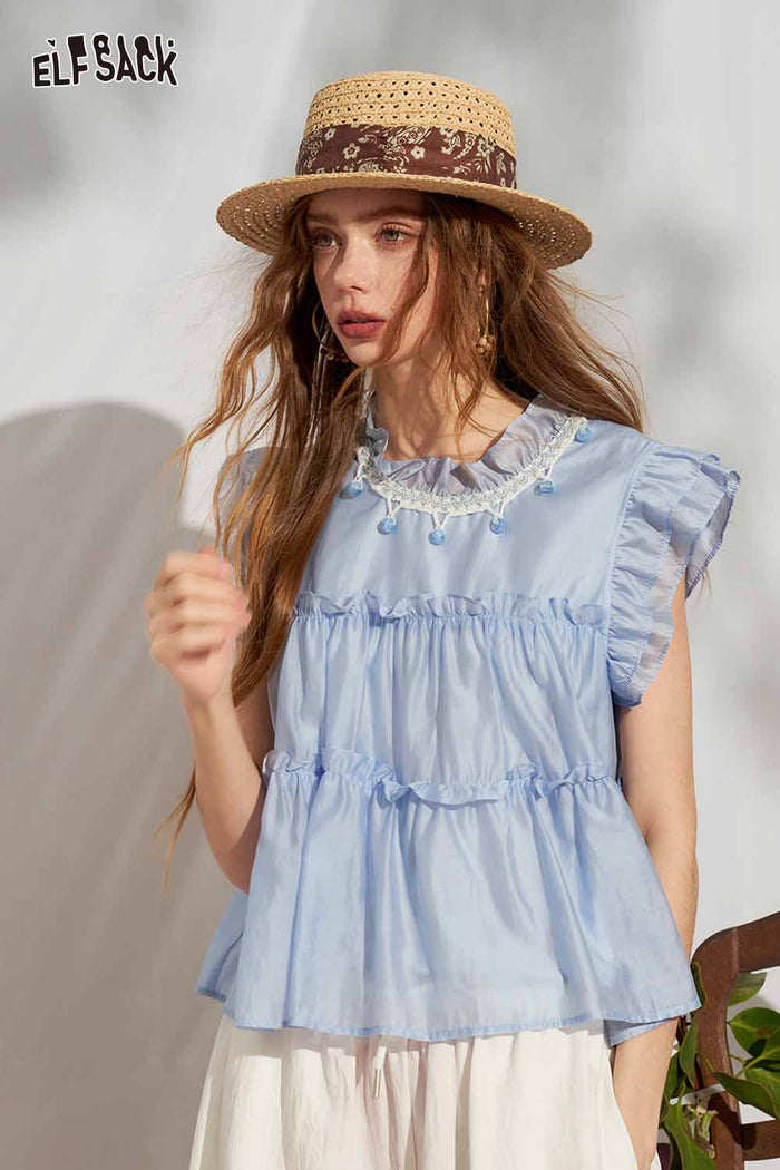 ELFSACK Ruffle Flutter Sleeve Tiered Chiffon Blouse