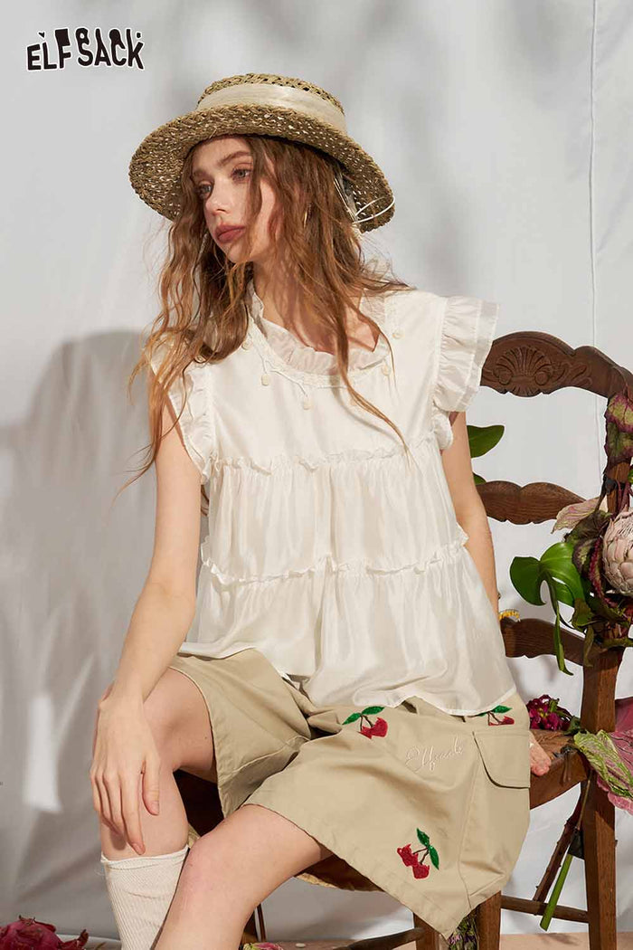 ELFSACK Ruffle Flutter Sleeve Tiered Chiffon Blouse
