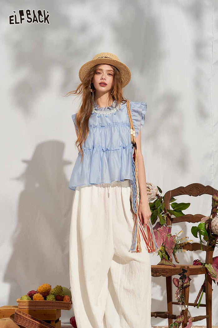 ELFSACK Ruffle Flutter Sleeve Tiered Chiffon Blouse
