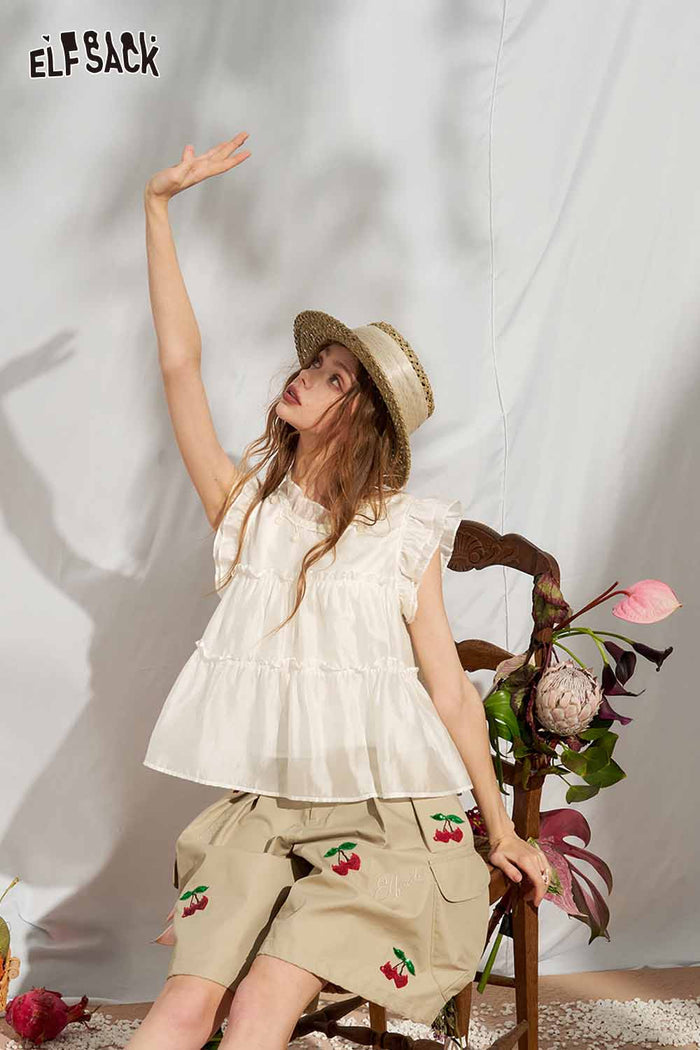 ELFSACK Ruffle Flutter Sleeve Tiered Chiffon Blouse