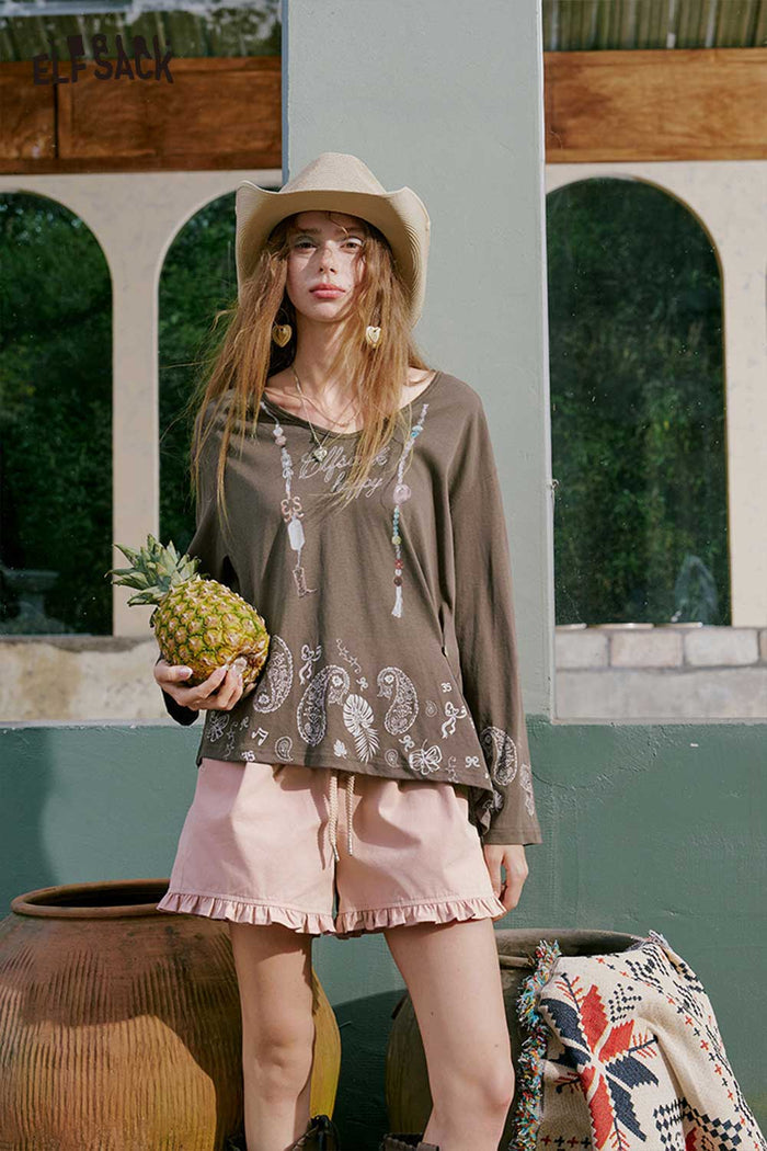 ELFSACK Ruffle Hem Drawstring Loose Shorts