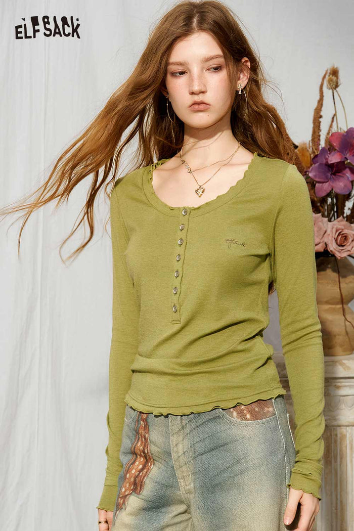 Ruffle Trim Button Front Henley Long Sleeve Tee