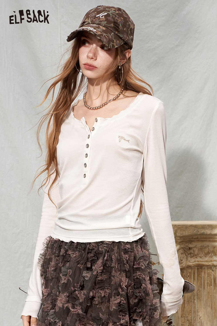 Ruffle Trim Button Front Henley Long Sleeve Tee