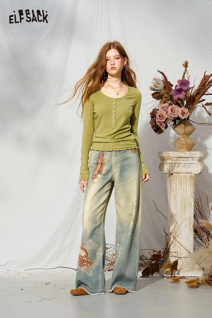 Ruffle Trim Button Front Henley Long Sleeve Tee