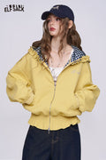 ELFSACK Ruffle Trim Zip-Up Hoodie, Preppy Plaid Lined Hood