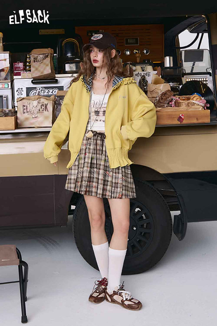 ELFSACK Ruffle Trim Zip-Up Hoodie, Preppy Plaid Lined Hood