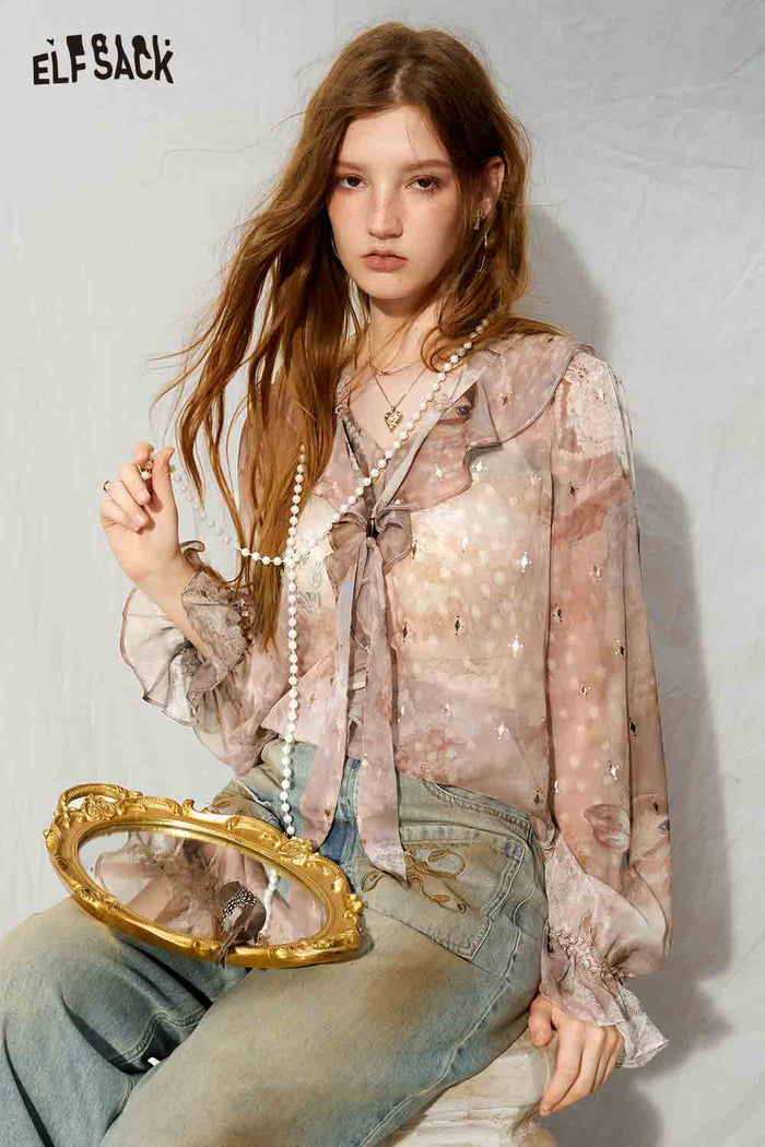 Ruffle V-neck Print Long Sleeve Blouse