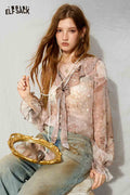 Ruffle V-neck Print Long Sleeve Blouse