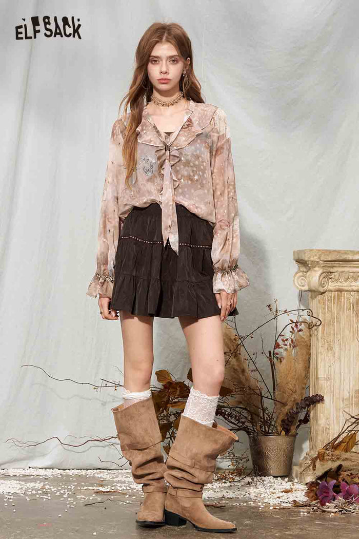 Ruffle V-neck Print Long Sleeve Blouse