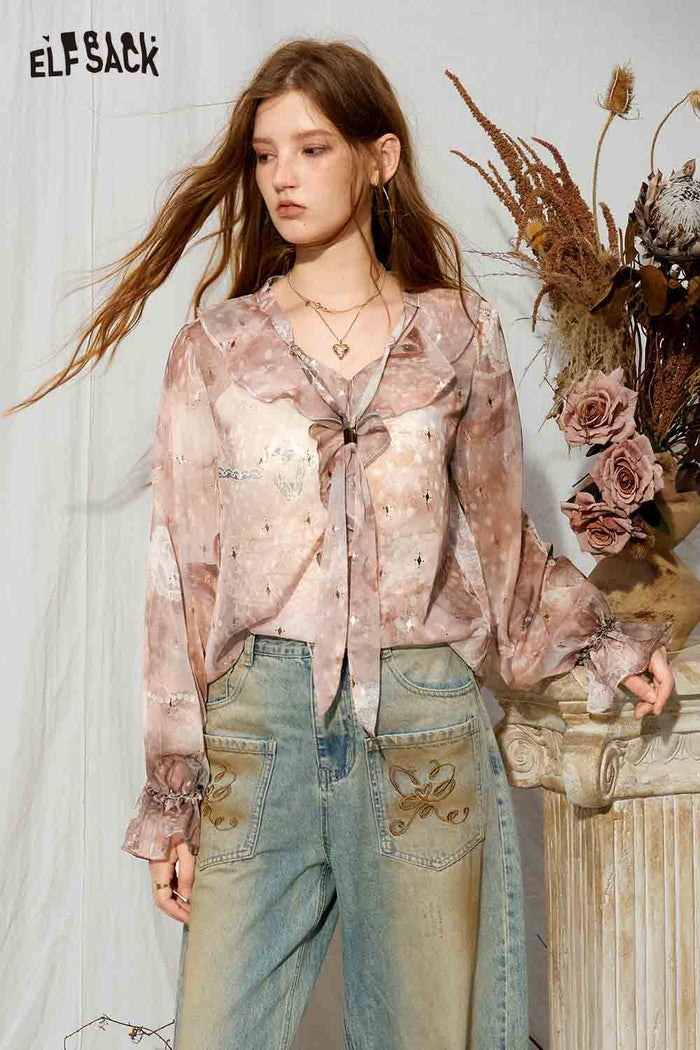 Ruffle V-neck Print Long Sleeve Blouse