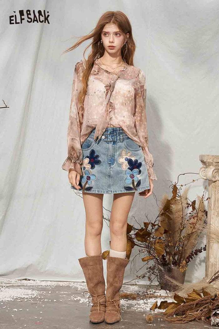 Ruffle V-neck Print Long Sleeve Blouse
