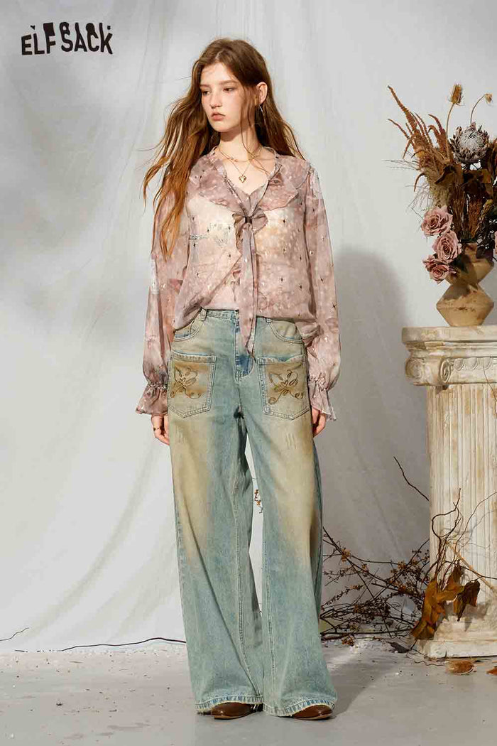 Ruffle V-neck Print Long Sleeve Blouse