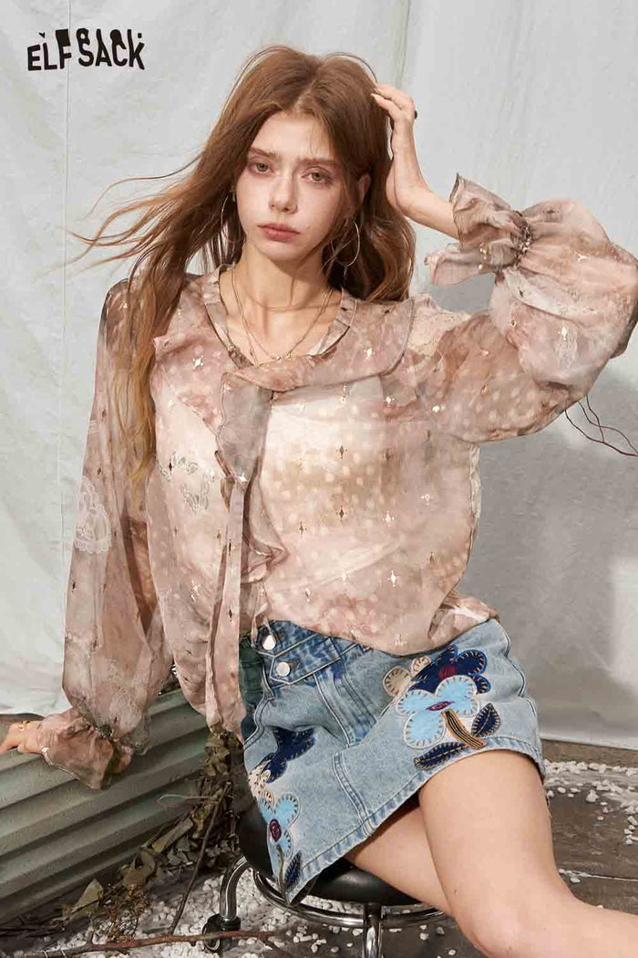 Ruffle V-neck Print Long Sleeve Blouse