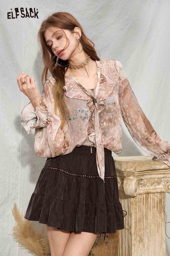 Ruffle V-neck Print Long Sleeve Blouse