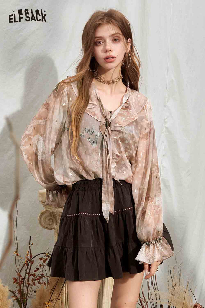 Ruffle V-neck Print Long Sleeve Blouse