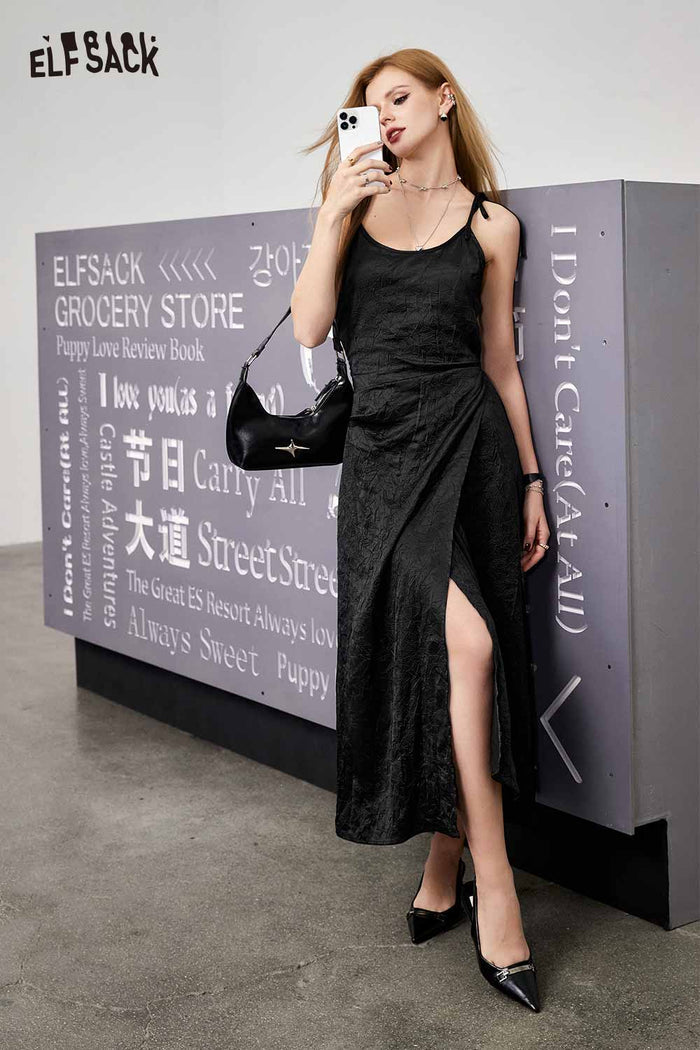 ELFSACK Satin Black Slit Slip Dress
