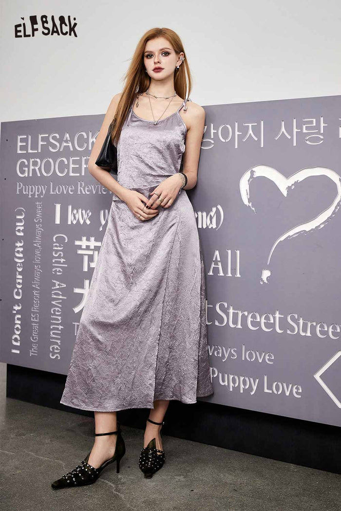 ELFSACK Satin Black Slit Slip Dress