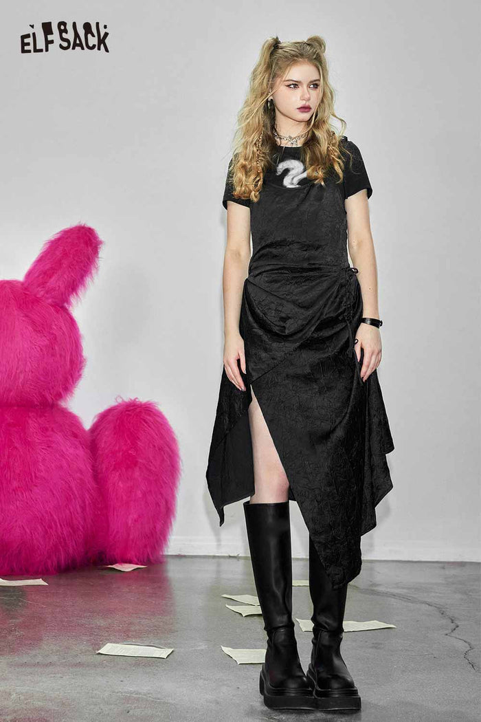 ELFSACK Satin Black Slit Slip Dress