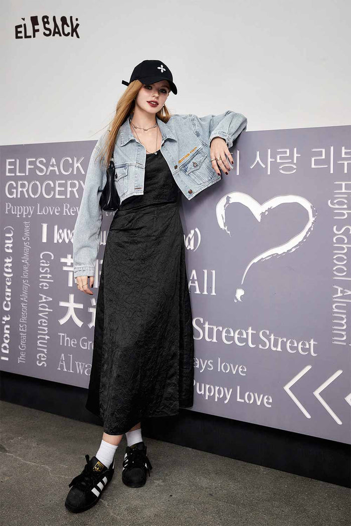ELFSACK Satin Black Slit Slip Dress
