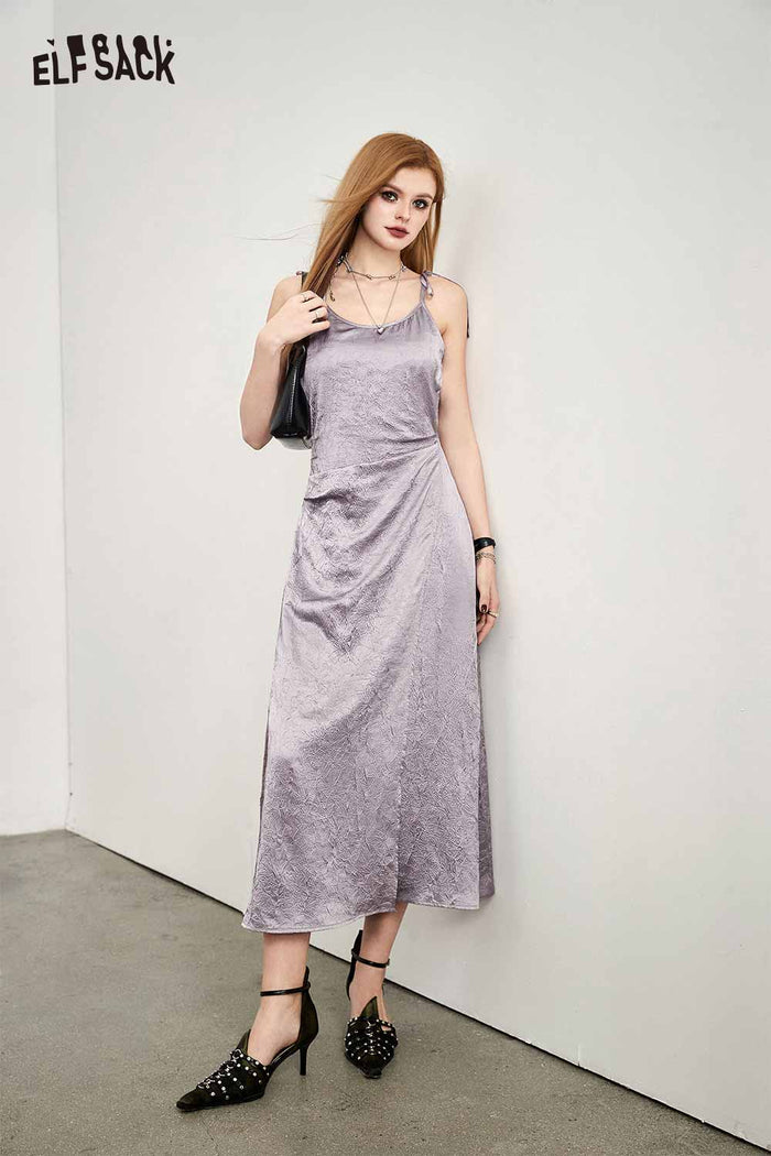 ELFSACK Satin Black Slit Slip Dress