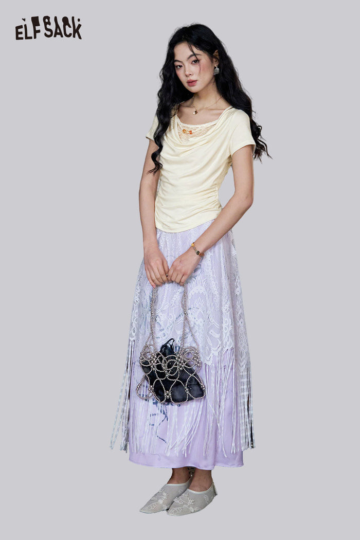 ELFSACK Satin Butterfly Lace A-Line Skirt