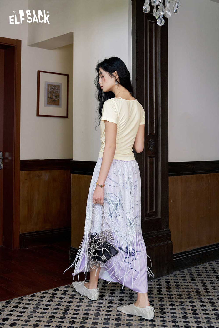 ELFSACK Satin Butterfly Lace A-Line Skirt