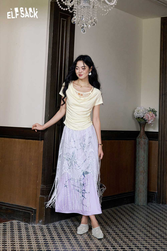 ELFSACK Satin Butterfly Lace A-Line Skirt