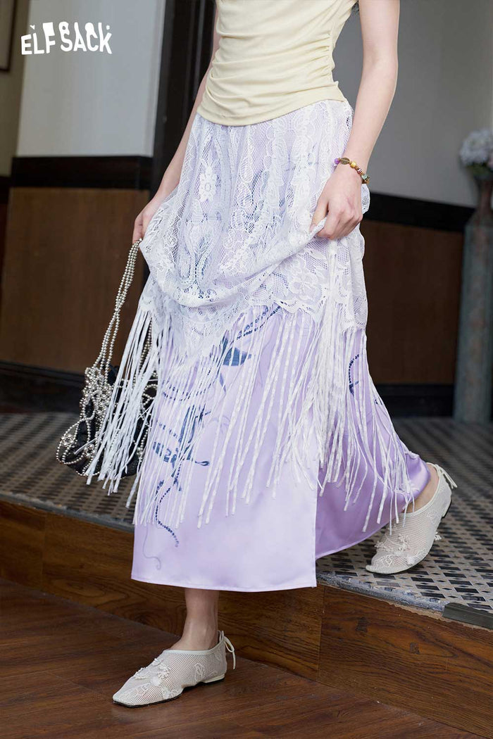 ELFSACK Satin Butterfly Lace A-Line Skirt