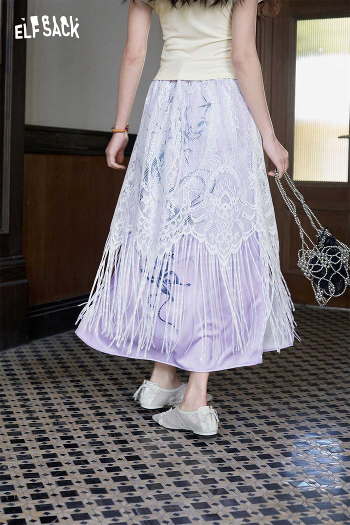 ELFSACK Satin Butterfly Lace A-Line Skirt