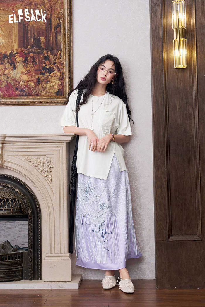 ELFSACK Satin Butterfly Lace A-Line Skirt