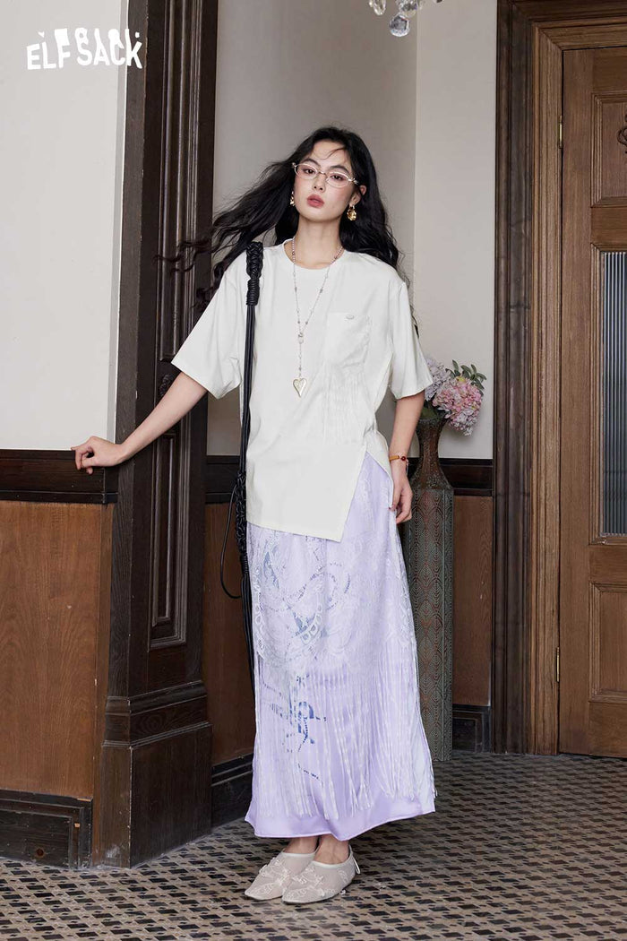 ELFSACK Satin Butterfly Lace A-Line Skirt