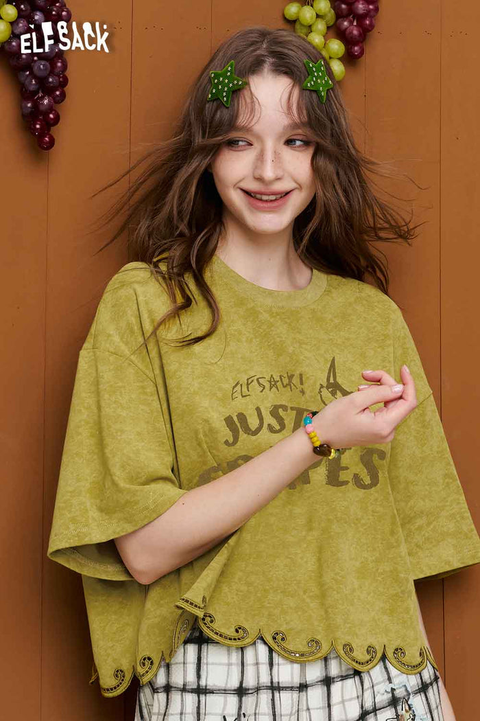 ELFSACK Scalloped Hem Fox Letter Crop Tee