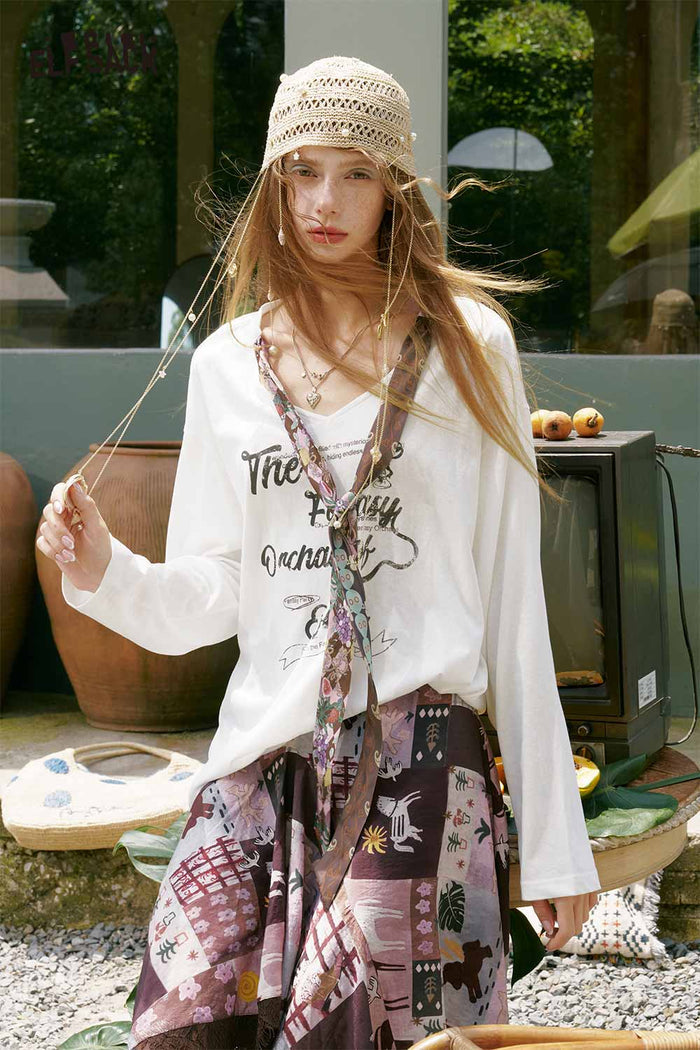 ELFSACK Scarf Tie Letter Graphic Long Tee