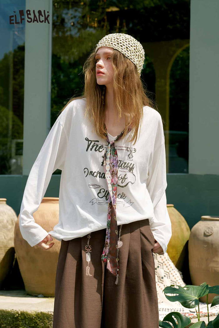 ELFSACK Scarf Tie Letter Graphic Long Tee